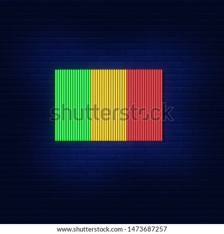 The neon lights of the Mali flag. Bright advertising of the country. Modern vector logo, banner, shield, Mali flag image. Night advertising on the background of a brick wall.