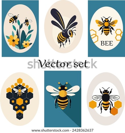 Bee and honeycomb in emblem.Collection of color vector illustrations with bees and honeycombs.