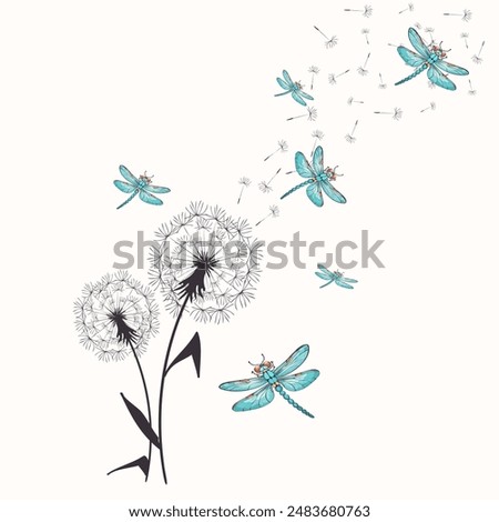 Flying dragonflies on dandelions.Vector illustration with blue dragonflies and stylized dandelions on a white background.