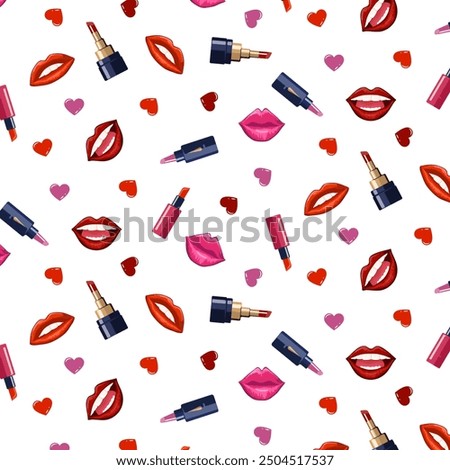 Pattern with lipsticks and lips.Vector seamless pattern with lipsticks and bright lips on transparent background.