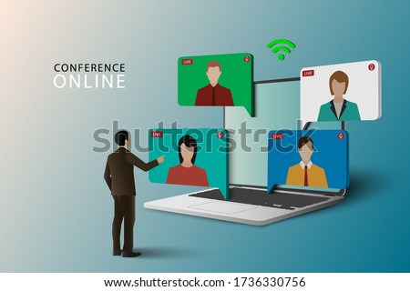 Conference meeting online concept. Live meeting on laptop. Video meeting online.Video conference landing. Live conferencing and online meeting workspace vector.