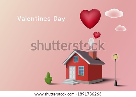 Valentines Day concept background. Red house with hearts smoke on pink background.