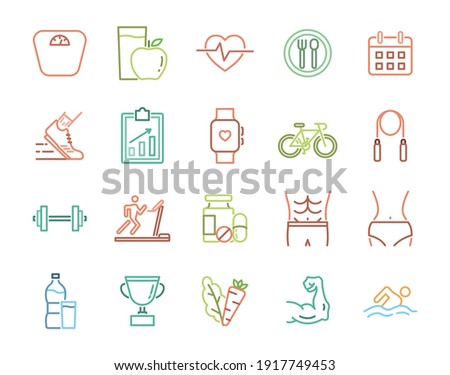 Exercise, nutrition, run and healthy program line icons set.