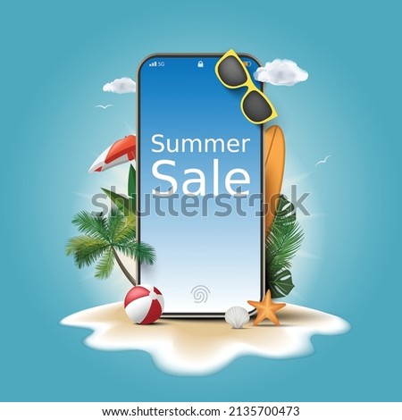 Shopping online on smartphone application, summer vacation themed illustrations for promotion on shopping web platform, online shopping summer sale concept design