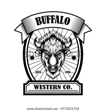 American bison buffalo logo in classic elegance engraving style. Vector emblem for your corporate identity, vintage illustration, sport poster, logo, brand and etc.