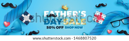 Happy Father's Day card with necktie,glasses and gift box for dad on blue.Promotion and shopping template for Father's Day.Vector illustration EPS10 - Vetorial