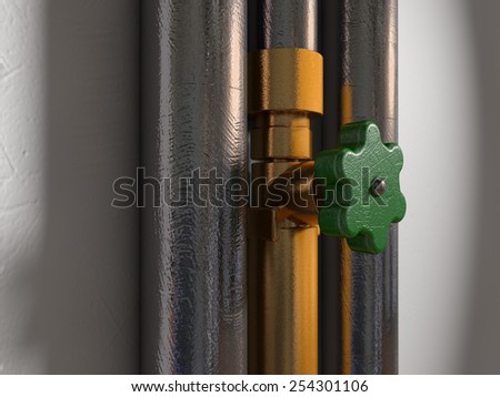 Two shiny pipes next to a brass pipe fitting and a scratched tap on a whit wall with shadows cast