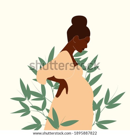Black pregnant woman with nature and leaves background. Concept vector illustration in minimal style. EPS 10.