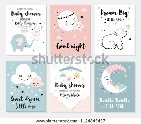 Little bear, elephant, moon and star, cute characters set, posters for baby room, greeting cards, kids and baby t-shirts and wear