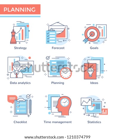 Business planning and corporate strategy concept icons, thin line, flat design