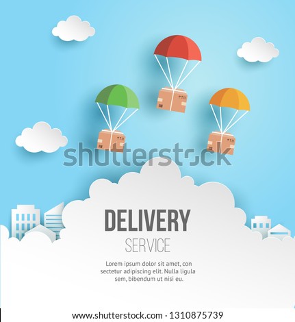 Fast delivery and logistic service concept illustration, package boxes are flying on parachutes, paper art style, vector template.