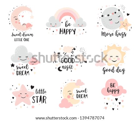 Cute posters with moon, stars, clouds. Vector prints for baby room, baby shower, greeting card, kids and baby t-shirts and wear. Hand drawn nursery illustration.