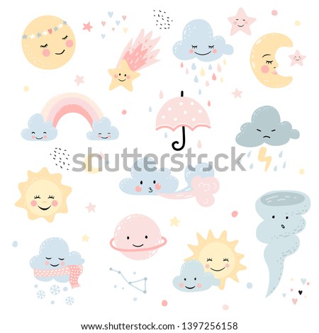 Cute weather set. Moon, star and clouds with rainbow. Vector characters for baby shower, wall decor, greeting card, kids t-shirts and wear. Hand drawn nursery illustration. 
