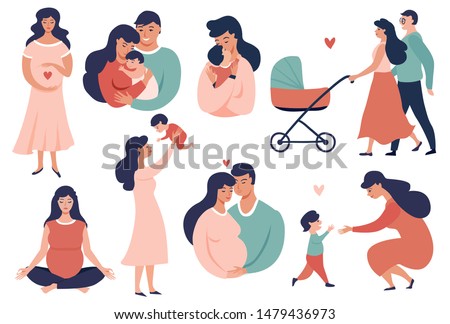 Happy young family set. Pregnancy and maternity  concept illustration. Smiling Parent, Mother hold little baby. Flat cartoon vector illustration.