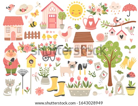 Gardening and Spring set, hand drawn elements- flowers, houses, birds, insect and other. Perfect for scrapbooking, greeting card, party invitation, poster, tag, sticker kit. Vector illustration.