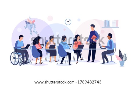 Business meeting and team work, group of people working in office, planning, workflow, time management and presentation concept, vector illustration.