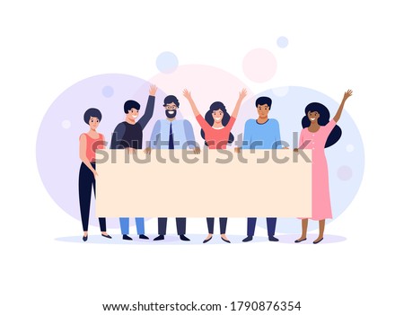 Group of people holding blank banner, business team with empty billboards in hands. Vector illustration