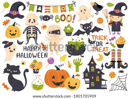 Halloween element set: witch, ghost, spooky castle, mummy, skeleton, funny pumpkins. Perfect for scrapbooking, greeting card, party invitation, poster, tag, sticker kit. Hand drawn vector illustration