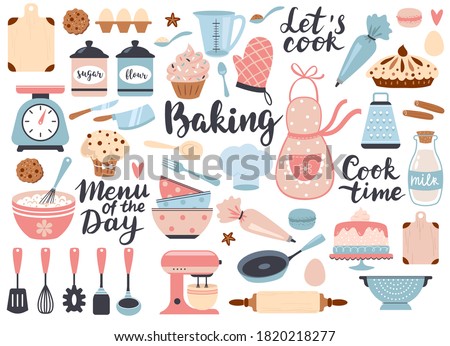 Bakery and cooking set, kitchen utensils icons. Perfect for scrapbooking, poster design, sticker kit. Hand drawn vector illustration. 