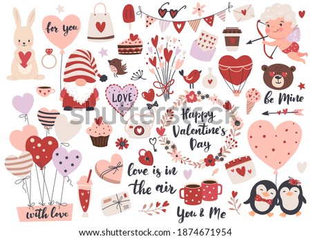 Valentine’s Day element set: gnome, love text, heart shape, cute cupid,  flowers, air balloons and calligraphy quotes.  Perfect for scrapbooking, greeting card, party invitation, gift tags.