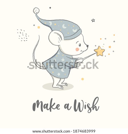 Little mouse with a magic wand makes a wish. Baby print, Nursery poster, kids design.