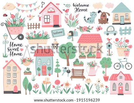 Small houses, garden flowers and trees. Perfect for scrapbooking, poster, tag, sticker kit , greeting cards, party invitations. Hand drawn vector illustration. 