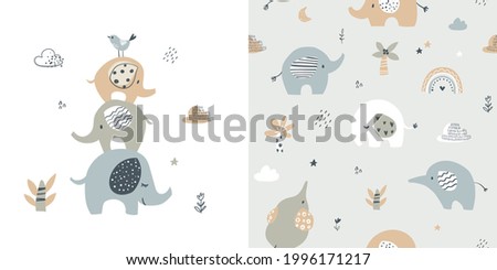 Cute elephant card and seamless pattern for baby shower decor, nursery print,  kids apparel,  wrapping paper, fabric, and textile. Vector illustration.