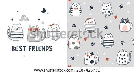 Сhildish pattern with cute cats, kids print. Animal seamless background, cute vector texture for kids bedding, fabric, wallpaper, wrapping paper, textile, t-shirt print