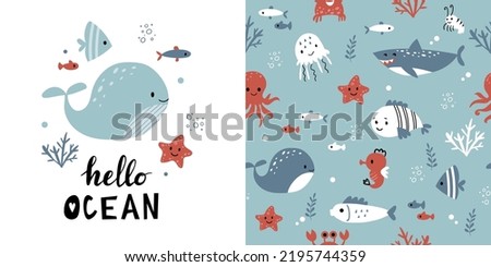 Childish seamless pattern with underwater life.  Perfect for kids bedding, fabric, wallpaper, wrapping paper, textile, t-shirt print.