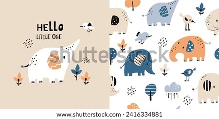 Сhildish pattern with little elephant. baby shower greeting card. Animal seamless background, cute vector texture for kids bedding, fabric, wallpaper, wrapping paper, textile, t-shirt print