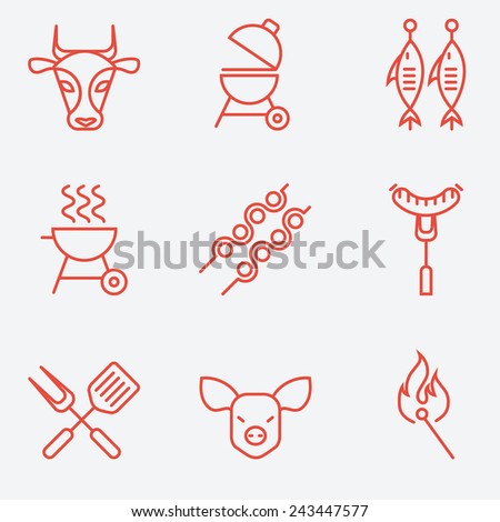 Barbecue and grill icon set, thin line style, flat design
