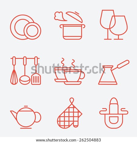 Kitchen utensils icons, thin line style, flat design