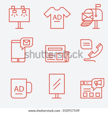 Advertisement and promotion icons, thin line flat design