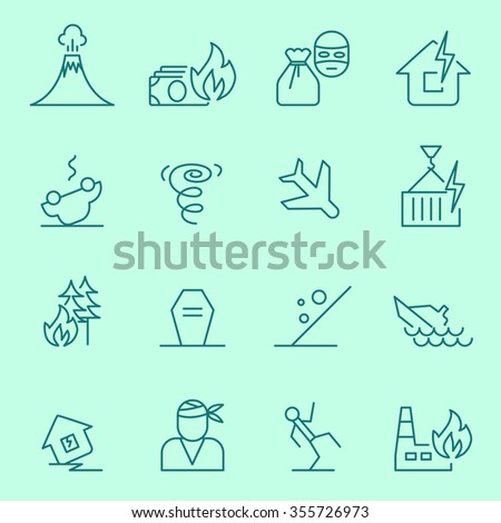 Insurance events and natural disasters icons, thin line flat design