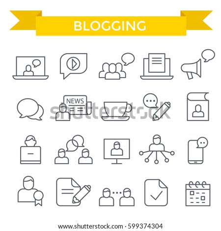 Blogging icon set, thin line, flat design