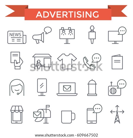 Advertising icons, thin line, flat design