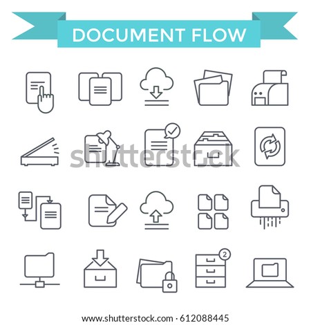 Document flow and archive icons, thin line, flat design