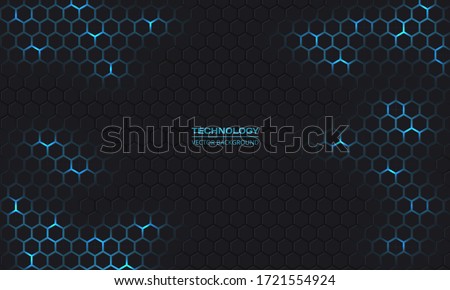 Dark technology hexagonal vector background. Abstract blue bright energy flashes under hexagon in dark technology modern futuristic background vector illustration. Gray honeycomb texture grid.