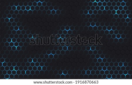 Dark gray and blue technology hexagonal vector background. Abstract blue bright energy flashes under hexagon in dark hi-tech futuristic modern vector background. Gray gaming honeycomb texture grid.