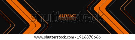 Black abstract wide horizontal banner with orange and gray lines, arrows and angles. Dark modern sporty bright futuristic abstract background. Wide vector illustration EPS10.