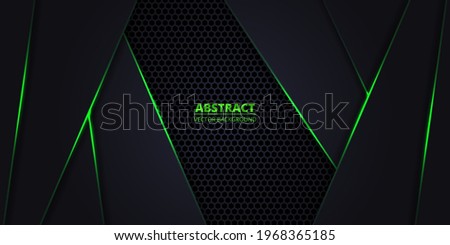 Dark abstract vector background with hexagon carbon fiber. Technology background with honeycomb grid and green luminous lines. Futuristic luxury modern backdrop.