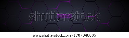 Dark gray and purple horizontal hexagonal technology abstract vector background. Purple bright energy flashes under hexagon in futuristic modern technology wide banner. Dark gray honeycomb texture.