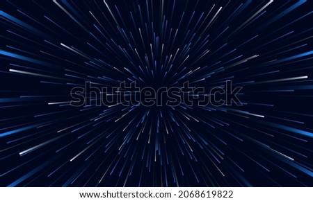Blue and white speed lights abstract background travel through time and space. Fast movement hyper speed dark blue backdrop. Motion lines abstract futuristic vector background.