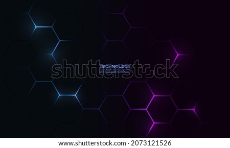 Dark hexagon abstract technology background with blue and pink colored bright flashes under hexagon. Hexagonal gaming vector abstract tech background.