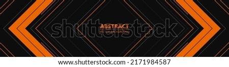 Black abstract wide horizontal banner with orange and gray lines, arrows and angles. Dark modern sporty bright futuristic horizontal abstract background. Wide vector illustration.