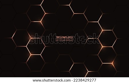 Black and yellow hexagonal technology vector abstract background. Yellow bright energy flashes under hexagon in modern technology futuristic background illustration. Dark gray honeycomb texture grid.