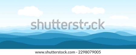 Blue ocean or sea waves. Realistic vector ocean waves and sky with clouds on wide background. Abstract blue sea waves. Vector illustration