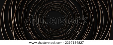 Gold circles with shadow in the center on a black wide background. Black and gold luxury abstract geometric royal modern trendy abstract banner. Vector illustration