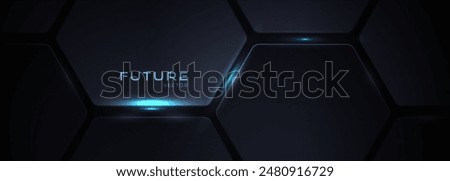Dark hexagon abstract technology background with light blue colored bright flashes under hexagon. Hexagonal gaming vector abstract tech wide banner.