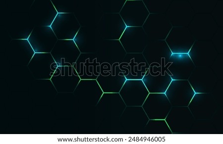 Dark hexagon abstract technology background with blue and green colored bright flashes under hexagon. Hexagonal gaming vector tech illustration black abstract background.